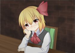 Rule 34 | 1girl, anime coloring, ascot, blonde hair, blush, brick wall, chair, charley heisei, dress shirt, fang, female focus, fingernails, hair ribbon, head rest, long sleeves, looking at viewer, red eyes, ribbon, rumia, shirt, short hair, sitting, smile, solo, table, touhou, vest