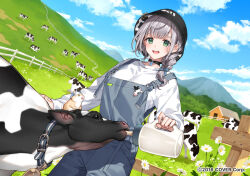 Rule 34 | 1girl, animal, black choker, black hat, blue sky, bow, braid, breasts, choker, cloud, cloudy sky, cow, denim, flower, green eyes, grey hair, hair bow, hamster, hat, holding, hololive, looking at viewer, medium breasts, nardack, official art, open mouth, outdoors, shirogane noel, shirt, short hair, sky, smile, solo, striped, striped bow, sunflower, teeth, upper teeth only, virtual youtuber, white shirt