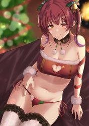 Rule 34 | 1girl, bare shoulders, breasts, christmas ornaments, cleavage, cleavage cutout, clothing cutout, fang, frilled thighhighs, frills, fur-trimmed tube top, fur trim, hair ornament, highres, hololive, houshou marine, looking at viewer, medium hair, multicolored eyes, navel, panties, red eyes, ribbon, scrunchie, side-tie panties, solo, strapless, thighhighs, tube top, two side up, underwear, virtual youtuber, white thighhighs, wrist scrunchie, yamikyon