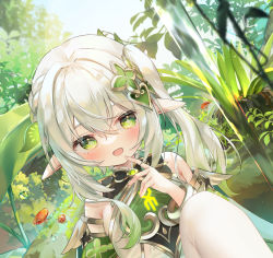 Rule 34 | 1girl, bare shoulders, blush, bracelet, braid, breasts, cape, chen bin, crown braid, detached sleeves, dress, genshin impact, gradient hair, green cape, green eyes, green hair, hair ornament, highres, jewelry, leaf hair ornament, long hair, looking at viewer, multicolored hair, nahida (genshin impact), open mouth, pantyhose, pointy ears, side ponytail, sidelocks, sleeveless, sleeveless dress, small breasts, smile, solo, symbol-shaped pupils, thighs, white dress, white hair, white pantyhose