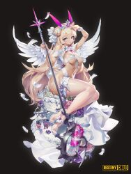 Rule 34 | 1girl, angel wings, artist request, black background, blonde hair, blue eyes, blush, breasts, cake, character request, crown, destiny child, dress, feet, flower, food, full body, hair bun, heels, highres, holding, holding weapon, large breasts, open mouth, polearm, rose, sitting, spear, thighhighs, tigermtang, weapon, white dress, wings
