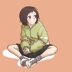 Rule 34 | 1girl, black shorts, brown hair, commentary request, cross-laced footwear, gari, green eyes, jacket, komano hina, long sleeves, looking to the side, okujou no yurirei-san, own hands together, shoes, short hair, shorts, sitting, sneakers, solo, sportswear, track jacket, white footwear, yellow jacket