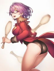 Rule 34 | 1girl, :d, animal ears, ass, bare legs, black-framed eyewear, black leotard, blush, breasts, coattails, epaulettes, fate/grand order, fate (series), from behind, from side, glasses, highres, holding, jacket, juggling, juggling club, leaning forward, leotard, long sleeves, looking back, mash kyrielight, mash kyrielight (welcome to the travelling circus!), medium breasts, military jacket, motion blur, official alternate costume, open mouth, pink hair, purple eyes, purple hair, red jacket, short hair, simple background, smile, solo, sweat, tef, thighs, welcome to the travelling circus!, white background