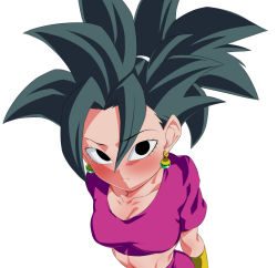 Rule 34 | 1girl, big hair, black eyes, black hair, blush, breasts, cleavage, closed mouth, dragon ball, dragon ball super, earrings, embarrassed, female focus, from above, full-face blush, jewelry, kefla (dragon ball), large breasts, looking at viewer, midriff, rom (20), simple background, solo, spiked hair, standing, upper body, white background