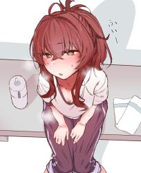 Rule 34 | 1girl, :o, alternate costume, alternate hairstyle, arashi (kancolle), blush, bottle, breasts, brown eyes, crossed bangs, from above, gym uniform, hair between eyes, kantai collection, long hair, looking at viewer, pants, parted lips, ponytail, red hair, red pants, shiawase hougan, shirt, short sleeves, sitting, small breasts, solo, sweat, towel, track pants, water bottle, white shirt