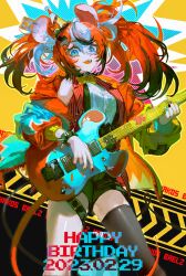 Rule 34 | 1girl, :d, animal ear fluff, animal ears, asymmetrical sleeves, black hair, black shorts, blue bow, blue bowtie, blue eyes, blue hair, bow, bowtie, dice hair ornament, guitar, hair between eyes, hair ornament, hakos baelz, highres, holding, holding instrument, hololive, hololive english, instrument, jacket, long sleeves, mismatched sleeves, mouse ears, mouse tail, mousetrap, multicolored hair, multicolored nails, open clothes, open jacket, open mouth, puffy long sleeves, puffy sleeves, quasarcake, red hair, red jacket, sharp teeth, shorts, single thighhigh, smile, solo, streaked hair, tail, teeth, thigh strap, thighhighs, twintails, virtual youtuber