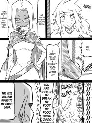 Rule 34 | 1boy, 2girls, comic, elf, english text, glasses, greyscale, hard-translated, jin (mugenjin), monochrome, multiple girls, orc, original, pointy ears, third-party edit, translated