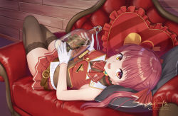 Rule 34 | 1girl, :d, artist name, ascot, bare arms, bare shoulders, belt, belt buckle, black thighhighs, blush, bottle, breasts, brown leotard, buckle, cleavage, commentary request, couch, cropped vest, frilled pillow, frills, full body, gloves, hair ribbon, heart, heart-shaped pillow, heterochromia, holding, holding bottle, hololive, houshou marine, indoors, leotard, leotard under clothes, long hair, looking at viewer, lying, medium breasts, miniskirt, no headwear, on back, on couch, open mouth, pillow, pleated skirt, purple hair, red ascot, red eyes, red ribbon, red skirt, red vest, ribbon, see-through, see-through cleavage, see-through leotard, ship in a bottle, signature, skirt, skyrail, smile, solo, thighhighs, twintails, vest, virtual youtuber, white gloves, wooden wall, yellow eyes, zettai ryouiki