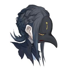 Rule 34 | 1girl, 4138, bird mask, black hair, braid, cropped shoulders, facial mark, flipped hair, forehead mark, french braid, from side, looking ahead, mask, multiple braids, original, ponytail, profile, simple background, solo, white background, yellow eyes
