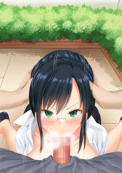 Rule 34 | 1girl, :&gt;=, black hair, blush, breasts, breasts out, censored, collarbone, feet, fellatio, glasses, green eyes, hair bun, hand on head, heavy breathing, highres, kneeling, legs, looking at viewer, mosaic censoring, no bra, open clothes, oral, original, outdoors, penis, shoes, single hair bun, solo focus, sweat, unzipped