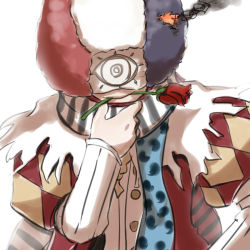 Rule 34 | 1boy, afro, argyle, argyle clothes, argyle coat, black scarf, blue hair, blue scarf, closed mouth, coat, commentary request, eye print, fire, flower, flower in mouth, hand on own chin, juliet sleeves, long sleeves, looking at viewer, male focus, mask, masked, minstrel (ragnarok online), multicolored hair, natsuya (kuttuki), polka dot, polka dot scarf, puffy sleeves, ragnarok online, red coat, red flower, red hair, red scarf, rose, scarf, shirt, simple background, smile, smoke, solo, striped clothes, striped scarf, upper body, white background, white hair, white scarf, white shirt