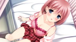 Rule 34 | 1girl, bare shoulders, bed, blue eyes, blush, bra, breasts, cleavage, game cg, legs, looking at viewer, morita kazuaki, open clothes, open mouth, pink hair, sakura iro no amour: imouto amour hen, school uniform, short hair, sitting, skirt, socks, solo, thighs, underwear