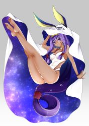 Rule 34 | 1girl, animal ears, ass, bare legs, bare shoulders, barefoot, breasts, closed mouth, cosplay, dark-skinned female, dark skin, double exposure, earrings, egyptian, facial mark, fate/grand order, fate (series), feet, grey background, hair between eyes, hairband, highres, hoop earrings, jackal ears, jewelry, legs, long hair, looking at viewer, low-tied long hair, medium breasts, medjed (fate), medjed (fate) (cosplay), nitocris (fate), nitocris (fate/grand order), nitocris (swimsuit assassin) (fate), nitocris (swimsuit assassin) (second ascension) (fate), one-piece swimsuit, purple eyes, purple hair, shinonome ryuu, sidelocks, simple background, smile, soles, solo, star (symbol), swimsuit, toenails, very long hair, white one-piece swimsuit