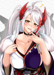 Rule 34 | 1girl, absurdres, ahoge, asahina tou, azur lane, black choker, black kimono, blush, breasts, choker, cleavage, collarbone, commentary, cross, floral print, fur scarf, hair between eyes, hand to own mouth, headgear, highres, iron cross, japanese clothes, kimono, large breasts, lips, long hair, looking at viewer, mole, mole on breast, multicolored hair, musical note, nail polish, obi, obiage, obijime, official alternate costume, orange eyes, parted lips, patterned background, prinz eugen (azur lane), prinz eugen (profusion of flowers) (azur lane), red hair, red nails, sash, seigaiha, silver hair, smile, solo, streaked hair, swept bangs, two-tone hair, two-tone kimono, two side up, upper body, white kimono