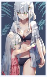 Rule 34 | 2girls, aged down, armpits, artist name, bad id, bad twitter id, bare arms, bikini, black bikini, blue background, blunt bangs, border, breasts, cleavage, closed mouth, commentary, commentary request, cross hair ornament, dress, facial mark, facial tattoo, fern, floral background, girls&#039; frontline, green eyes, hair ornament, hand on another&#039;s head, hani haya, headpat, highres, hk416 (girls&#039; frontline), holding, hug, large breasts, legs apart, long hair, looking at another, looking at viewer, midriff, mother and daughter, multiple girls, navel, nightgown, open mouth, pink dress, pink nightgown, ponytail, see-through, shy, side ponytail, sidelocks, silver hair, sketch, smile, swimsuit, tattoo, teardrop, teardrop tattoo, teeth, thighs, unfinished, white background