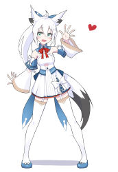 Rule 34 | 1girl, :d, ahoge, animal ear fluff, animal ears, aqua eyes, blue bow, blush, bow, bowtie, braid, cosplay, criss-cross halter, detached collar, dress shirt, eihire, fox ears, fox girl, fox tail, full body, garter straps, hair between eyes, hair bow, halterneck, highres, hololive, long hair, looking at viewer, miniskirt, open mouth, ponytail, red bow, red bowtie, shirakami fubuki, shiranui flare, shiranui flare (1st costume), shiranui flare (cosplay), shirt, side braid, skirt, smile, solo, tail, thighhighs, virtual youtuber, waving, white garter straps, white hair, white skirt, white thighhighs, zettai ryouiki