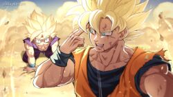 Rule 34 | 2boys, aka nobodyy, all fours, blonde hair, blue shirt, dougi, dragon ball, dragonball z, father and son, finger on forehead, goku day, green eyes, highres, looking at another, male focus, multiple boys, muscular, muscular male, open mouth, orange shirt, purple shirt, shirt, son goku, spiked hair, super saiyan, super saiyan 1, super saiyan 2, surprised, teeth, twitter username, upper body