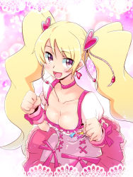 Rule 34 | 00s, 1girl, :d, blonde hair, blush, breasts, choker, cleavage, cure peach, de (deys), earrings, fresh precure!, heart, highres, jewelry, long hair, magical girl, momozono love, open mouth, precure, purple eyes, smile, solo, twintails