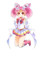 Rule 34 | 1girl, bad id, bad pixiv id, bishoujo senshi sailor moon, boots, bow, brooch, chibi usa, choker, clenched hand, cone hair bun, double bun, earrings, elbow gloves, full body, gloves, hair bun, hair ornament, hairpin, heart, heart brooch, jewelry, jumping, knee boots, magical girl, multicolored clothes, multicolored skirt, pink footwear, pink hair, pleated skirt, red eyes, ribbon, sailor chibi moon, sailor collar, short hair, skirt, smile, solo, super sailor chibi moon, tiara, twintails, white background, white gloves, yostxxx