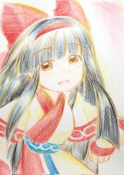 Rule 34 | 1girl, ainu clothes, black hair, breasts, brown eyes, fingerless gloves, gloves, hair ribbon, highres, long hair, looking at viewer, medium breasts, nakoruru, open mouth, ribbon, samurai spirits, smile, snk, solo, the king of fighters, traditional media