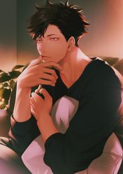 Rule 34 | 1boy, adam&#039;s apple, alternate costume, black hair, black shirt, casual, contemporary, couch, finger to mouth, grey eyes, haikyuu!!, highres, kuro (tsumito), kuroo tetsurou, light, lips, long sleeves, looking to the side, male focus, pillow, plant, shirt, short hair, sitting, solo, spiked hair, upper body, v-neck