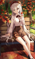 Rule 34 | 1girl, arm support, autumn, autumn leaves, bench, black footwear, black nails, breasts, brown skirt, closed mouth, commentary request, ekina (1217), hair between eyes, hand up, hat, high-waist skirt, highres, leaf, long hair, long sleeves, looking at viewer, maple leaf, medium breasts, multicolored nails, nail polish, original, outdoors, park bench, plaid, plaid neckwear, plaid skirt, red hat, red skirt, shirt, sitting, skirt, smile, solo, stone floor, tree, white legwear, white shirt, wooden bench