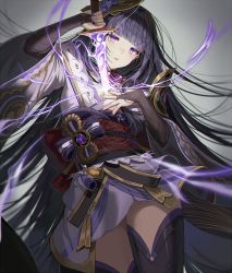 Rule 34 | 1girl, armor, breasts, bridal gauntlets, cleavage, coattails, commentary request, electricity, flower, genshin impact, grey background, hair flower, hair ornament, hand on own chest, holding, holding sword, holding weapon, human scabbard, japanese clothes, katana, kimono, long hair, long sleeves, looking at viewer, mitsudomoe (shape), mole, mole under eye, nail polish, open mouth, parted lips, purple eyes, purple flower, purple hair, purple nails, raiden shogun, sash, shoulder armor, silence girl, simple background, solo, sword, tassel, thighhighs, tomoe (symbol), weapon, wide sleeves