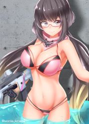 Rule 34 | 1girl, amamiya kure, bare shoulders, bikini, blush, breasts, brown hair, cleavage, closed mouth, fate/grand order, fate (series), glasses, gun, highres, large breasts, long hair, looking at viewer, navel, osakabehime (fate), osakabehime (swimsuit archer) (fate), osakabehime (swimsuit archer) (second ascension) (fate), pink bikini, pink scarf, purple eyes, red-framed eyewear, scarf, smile, swimsuit, twintails, weapon