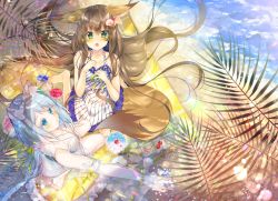 Rule 34 | 2girls, animal ears, bare shoulders, barefoot, beach, bell, blue eyes, blue hair, blush, brown hair, cat ears, cat tail, detached sleeves, dress, fang, food, fox ears, fox tail, from above, green eyes, hair bell, hair ornament, jewelry, kneeling, long hair, looking at viewer, looking up, monaka natsume, multiple girls, necklace, open mouth, original, outdoors, see-through, tail, water