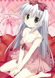 Rule 34 | 10s, 1girl, alice or alice, barefoot, bed sheet, between legs, bow, breasts, cleavage, collarbone, dress, frilled dress, frills, green eyes, hair between eyes, hair bow, hand between legs, heart, heart-shaped pillow, highres, korie riko, long hair, looking at viewer, medium breasts, off shoulder, open mouth, pillow, pink dress, pink ribbon, red bow, ribbon, rise (alice or alice), short dress, silver hair, sitting, sleeveless, sleeveless dress, solo, very long hair
