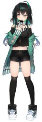 Rule 34 | 1girl, :o, antenna hair, belt, black hair, black shirt, black shorts, black thighhighs, breasts, cellphone, crop top, crop top overhang, detached collar, full body, green jacket, hair between eyes, highres, holding, holding phone, jacket, jewelry, kirie nozomi, long hair, long sleeves, looking at viewer, low twintails, medium breasts, midriff, multicolored hair, navel, necklace, nijisanji, nijisanji kr, off-shoulder shirt, off shoulder, open clothes, open jacket, open mouth, over-kneehighs, phone, shin yuya, shirt, shoes, short shorts, shorts, smartphone, sneakers, solo, standing, streaked hair, thighhighs, thighs, transparent background, twintails, two-tone hair, virtual youtuber, white footwear