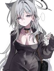Rule 34 | ..., 1girl, animal ear fluff, animal ears, bag, black choker, black dress, black jacket, blue archive, breasts, choker, cleavage, covered navel, cross, cross earrings, dongtan dress, dress, earrings, grey eyes, grey hair, hair between eyes, hair ornament, halo, highres, jacket, jewelry, large breasts, long hair, long sleeves, looking at viewer, meme attire, open clothes, parted lips, qqkkay, shiroko (blue archive), shiroko terror (blue archive), simple background, sleeves past wrists, solo, spoken ellipsis, sweat, very long hair, white background