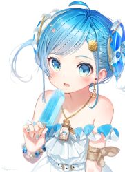 Rule 34 | 1girl, ahoge, anchor, arm ribbon, asymmetrical bangs, bare shoulders, belt, belt buckle, blue eyes, blue hair, blue nails, blush, bracelet, brown ribbon, buckle, cork, dress, earrings, flat chest, food, food bite, gold trim, hair ornament, highres, holding, holding food, innertube hair ornament, jewelry, looking at viewer, message in a bottle, multicolored nails, nail art, nail polish, necklace, off-shoulder dress, off shoulder, open mouth, original, parted bangs, popsicle, ribbon, ryota (ry o ta), shell hair ornament, short hair, short twintails, sidelocks, signature, simple background, single earring, solo, star (symbol), star hair ornament, twintails, upper body, white background, white belt, white dress, white nails