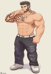 Rule 34 | 1boy, abs, artist name, bara, belt, black hair, commission, facial hair, highres, jewelry, large pectorals, looking at viewer, male focus, mature male, muscular, muscular male, necklace, original, pants, pectoral cleavage, pectorals, ring, shoes, tattoo, terraxle, tusks, yellow eyes