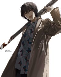 Rule 34 | 1boy, black eyes, black hair, blood, bloody weapon, buttons, chinikuniku, coat, dated, empty eyes, hair between eyes, hand tattoo, highres, holding, holding weapon, long sleeves, looking at viewer, male focus, nagumo (sakamoto days), open clothes, open coat, open mouth, sakamoto days, shirt, simple background, solo, tattoo, twitter username, weapon, white background