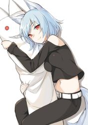 Rule 34 | 1girl, aemu (august life), animal ears, bare shoulders, belt, blue hair, looking at viewer, lying, midriff, navel, hugging object, on side, original, pillow, pillow hug, red eyes, smile, solo, tail, wolf ears, wolf tail