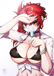 Rule 34 | 1girl, absurdres, bikini, black bikini, black choker, bracelet, breasts, choker, cleavage, food, food in mouth, highres, holding, holding food, honkai (series), honkai impact 3rd, jewelry, kirimmitsu, large breasts, looking at viewer, mask, mole, mole on breast, mole on thigh, murata himeko, navel, orange eyes, popsicle, red hair, shirt, signature, simple background, solo, stomach, swimsuit, upper body, white background, white shirt