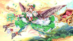 Rule 34 | 1girl, :d, ankle ribbon, barefoot, black wings, blonde hair, blouse, breasts, cat, cleavage, dress, feathered wings, field, flying, forest, freyja (p&amp;d), full body, green eyes, green skirt, highres, jewelry, leg ribbon, legs, looking at viewer, lots of jewelry, nature, open mouth, outdoors, outstretched arms, plant, puffy short sleeves, puffy sleeves, puzzle &amp; dragons, ribbon, sakurano ru, shirt, short sleeves, skirt, sled, smile, staff, tree, white shirt, wings