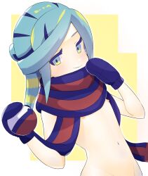 Rule 34 | 1boy, blue mittens, blue scarf, blush, closed mouth, commentary request, creatures (company), game freak, green eyes, green hair, grusha (pokemon), hands up, highres, holding, holding clothes, holding scarf, long hair, male focus, mittens, navel, nintendo, nipples, poke ball print, pokemon, pokemon sv, scarf, smile, solo, striped clothes, striped scarf, zerogiga