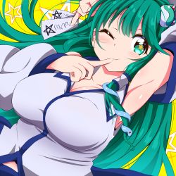 Rule 34 | 1girl, arm up, armpits, blush, breasts, bwell, cleavage, closed mouth, collared shirt, commentary request, dutch angle, finger to mouth, frog hair ornament, green eyes, green hair, hair ornament, hair tubes, highres, kochiya sanae, large breasts, long hair, looking at viewer, ofuda, one eye closed, shirt, single sidelock, sleeveless, sleeveless shirt, smile, snake hair ornament, solo, star-shaped pupils, star (symbol), symbol-shaped pupils, touhou, upper body, white shirt, yellow background