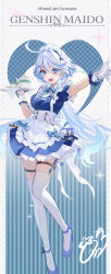 Rule 34 | ahoge, alternate costume, apron, asymmetrical gloves, black gloves, blue dress, blue eyes, blue footwear, blue hair, dress, drop-shaped pupils, enmaided, frilled apron, frilled dress, frills, full body, furina (genshin impact), genshin impact, gloves, grey hair, hair between eyes, hair ornament, half gloves, high heels, highres, holding, light blue hair, long hair, looking at viewer, maid, maid apron, maid headdress, mismatched gloves, mismatched pupils, multicolored hair, omelet tomato, short sleeves, signature, solo, standing, streaked hair, symbol-shaped pupils, thigh strap, thighhighs, twitter username, white apron, white gloves, white thighhighs, wrist cuffs, x hair ornament, zettai ryouiki