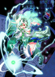 Rule 34 | 1girl, angry, armor, breasts, cleavage, date seiji, dress, energy, ex-keine, female focus, green hair, hat, highres, horns, kamishirasawa keine, long hair, medium breasts, multicolored hair, no headwear, open mouth, outstretched arms, red eyes, ribbon, ronin warriors, solo, tachiuo nikominabe, tail, touhou, unworn hat, unworn headwear, yoroiden samurai troopers