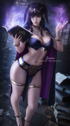 Rule 34 | 1girl, bare arms, bare legs, black hair, black nails, book, bra, breasts, cape, cleavage, fire emblem, fire emblem awakening, grey eyes, indoors, large breasts, lips, long hair, magic, nail polish, navel, nintendo, pelvic curtain, reading, solo, tharja (fire emblem), twintails, underwear, wickellia, window