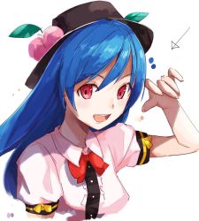 Rule 34 | 1girl, black hat, blouse, blue hair, bow, food, fruit, hat, highres, hinanawi tenshi, long hair, looking at viewer, open mouth, peach, portrait, puffy short sleeves, puffy sleeves, red bow, red eyes, shirt, short sleeves, sketch, smile, solo, standing, tetsurou (fe+), touhou, white background, white shirt, wing collar