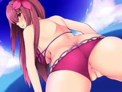 Rule 34 | 1girl, akaneman, alternate costume, anus, ass, back, bent over, bikini, blush, breasts, butt crack, censored, cleft of venus, clothing aside, cloud, day, fate/grand order, fate (series), flower, hair flower, hair intakes, hair ornament, hibiscus, highres, large breasts, looking at viewer, looking back, mosaic censoring, ocean, outdoors, purple bikini, purple hair, pussy, red eyes, scathach (fate), scathach (fate/grand order), scathach (swimsuit assassin) (fate), sky, slit pupils, smile, solo, spread legs, swimsuit, swimsuit aside