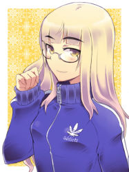 Rule 34 | 1girl, adidas, blonde hair, brand name imitation, clothes writing, em (totsuzen no hakike), eyebrows, flat chest, glasses, jacket, perrine h. clostermann, solo, strike witches, track jacket, turtleneck, world witches series, yellow eyes, zipper
