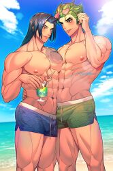 Rule 34 | 2boys, abs, bara, beach, black hair, blue male swimwear, blush, chest tattoo, cloud, cup, day, eyewear on head, genji (overwatch), green hair, green male swimwear, hanzo (overwatch), heart, heart-shaped eyewear, highres, holding, holding cup, large pectorals, long hair, looking at another, male focus, male swimwear, multiple boys, muscular, muscular male, navel, nipples, nkraae, outdoors, overwatch, overwatch 2, pectorals, short hair, sky, smile, sunglasses, tattoo, thighs
