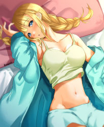 Rule 34 | 1girl, aona (anagasaki), bed sheet, blonde hair, blue eyes, blue jacket, blue shorts, braid, breasts, camisole, cellphone, cleavage, collarbone, crop top, head on pillow, highres, holding, holding phone, jacket, long sleeves, looking at viewer, lying, medium breasts, navel, on back, on bed, open clothes, open jacket, open mouth, paripi koumei, phone, pillow, shorts, smartphone, solo, tsukimi eiko, twin braids, twitter username