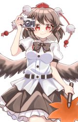 Rule 34 | 1girl, belt, bird wings, black belt, black bow, black bowtie, black hair, black skirt, black wings, bow, bowtie, breasts, buttons, camera, closed mouth, collared shirt, eyelashes, feathered wings, frilled skirt, frills, hand fan, happy, hat, hauchiwa, holding, holding camera, holding fan, looking at viewer, medium breasts, pen, pocket, pointy ears, pom pom (clothes), puffy short sleeves, puffy sleeves, red eyes, red hat, shameimaru aya, shirt, short sleeves, simple background, skirt, smile, tassel, tokin hat, touhou, umamimochi, white background, white shirt, wings