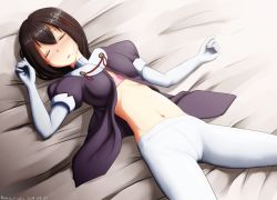 Rule 34 | 10s, 1girl, bed, bed sheet, black hair, blush, bra, crotch seam, elbow gloves, closed eyes, gloves, haguro (kancolle), hair in own mouth, hair ornament, kama iruka, kantai collection, lying, navel, on back, open clothes, open shirt, pantyhose, pink bra, shirt, short hair, sleeping, solo, underwear, white pantyhose